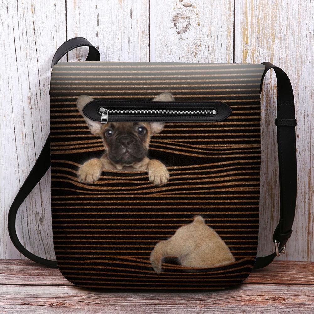 Vrouwen Vilten Casual Streep Schattige 3D Hond Afdrukken Patroon Crossbody Tas Schoudertas