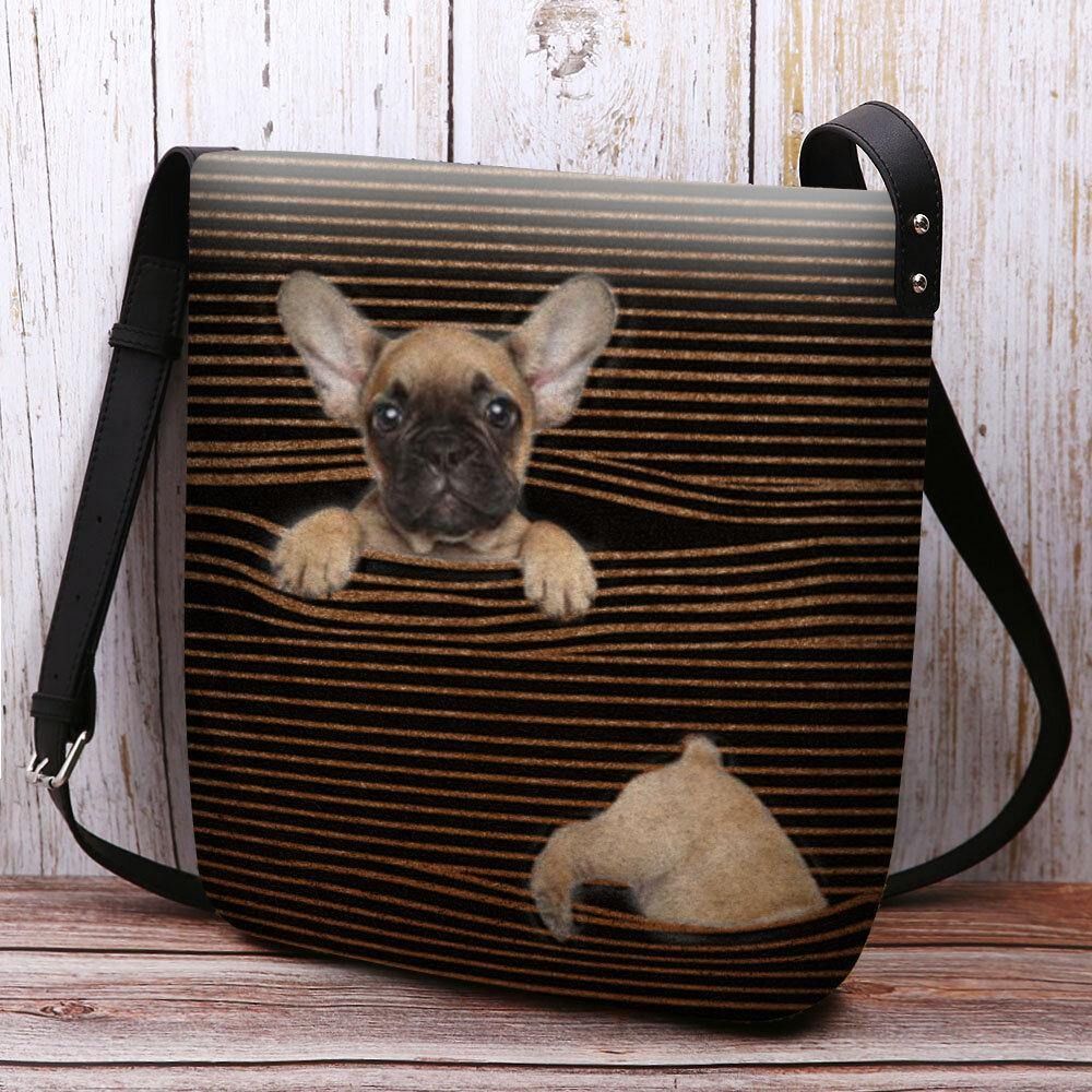 Vrouwen Vilten Casual Streep Schattige 3D Hond Afdrukken Patroon Crossbody Tas Schoudertas