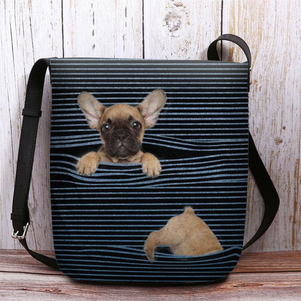 Vrouwen Vilten Casual Streep Schattige 3D Hond Afdrukken Patroon Crossbody Tas Schoudertas