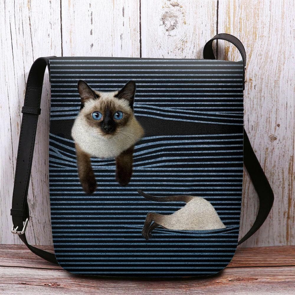 Vrouwen Vilten Leuke Cartoon Kat Strepen Patroon Multi-Carry Crossbody Tas Schoudertas