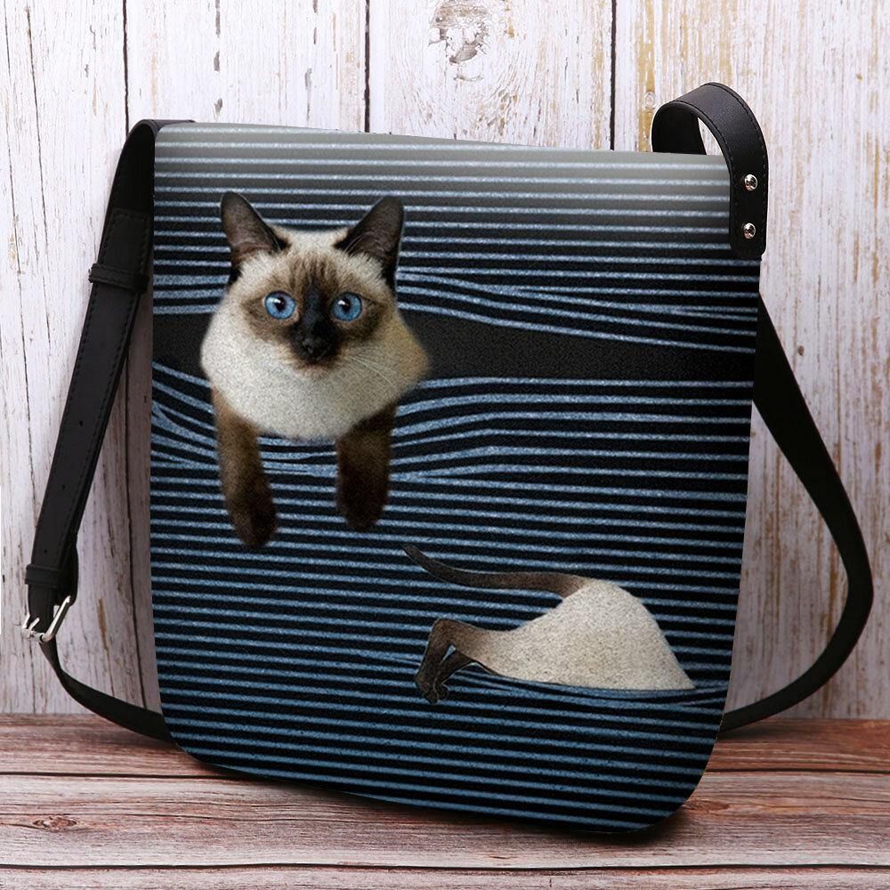 Vrouwen Vilten Leuke Cartoon Kat Strepen Patroon Multi-Carry Crossbody Tas Schoudertas