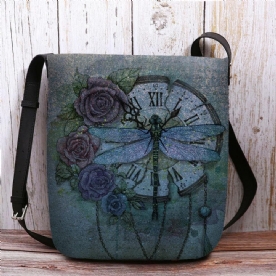 Vrouwen Voelde Casual Vintage 3D Dragonfly Bloem Afdrukken Patroon Crossbody Tas Schoudertas