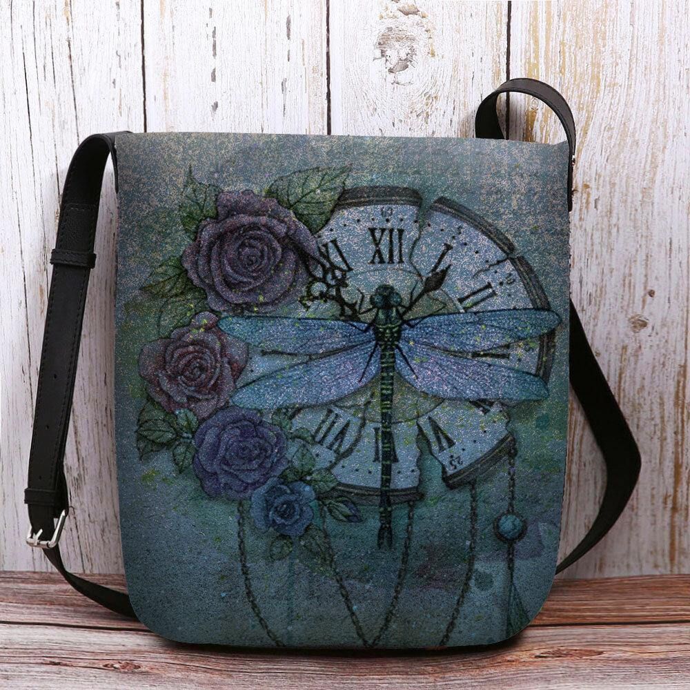 Vrouwen Voelde Casual Vintage 3D Dragonfly Bloem Afdrukken Patroon Crossbody Tas Schoudertas