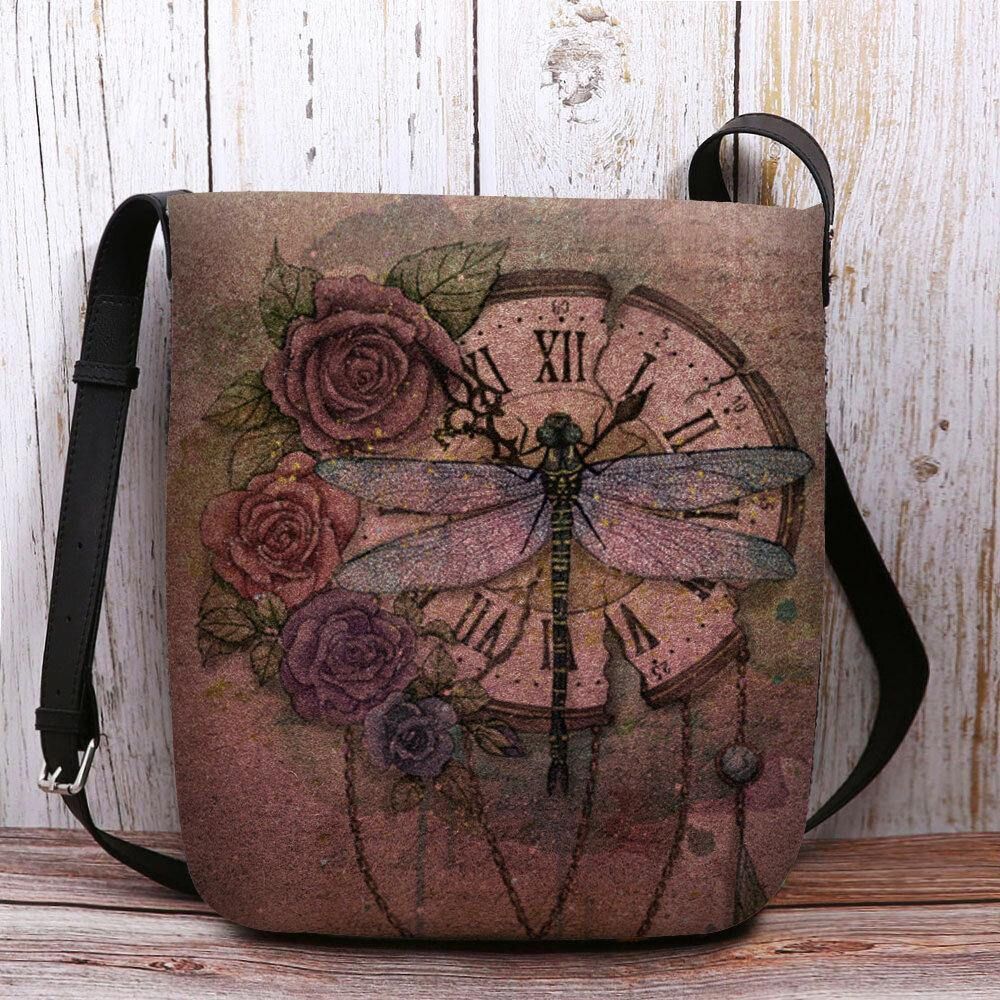 Vrouwen Voelde Casual Vintage 3D Dragonfly Bloem Afdrukken Patroon Crossbody Tas Schoudertas