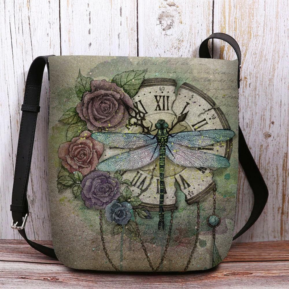 Vrouwen Voelde Casual Vintage 3D Dragonfly Bloem Afdrukken Patroon Crossbody Tas Schoudertas