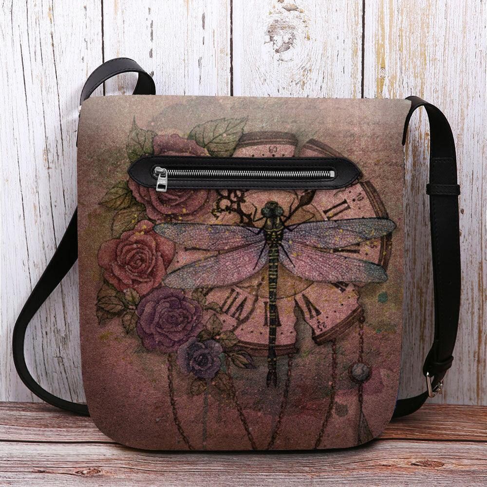 Vrouwen Voelde Casual Vintage 3D Dragonfly Bloem Afdrukken Patroon Crossbody Tas Schoudertas