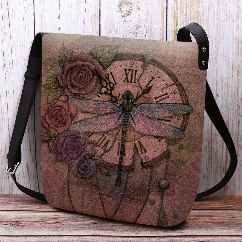 Vrouwen Voelde Casual Vintage 3D Dragonfly Bloem Afdrukken Patroon Crossbody Tas Schoudertas