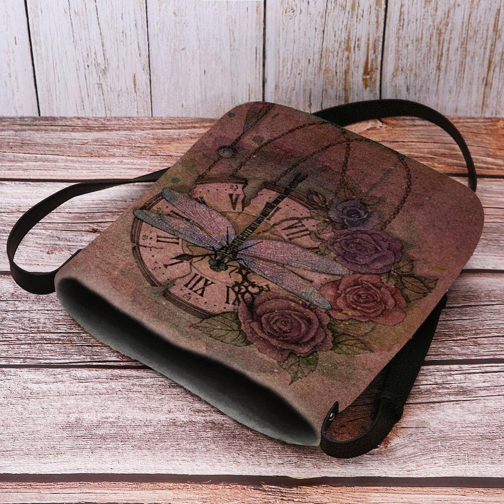 Vrouwen Voelde Casual Vintage 3D Dragonfly Bloem Afdrukken Patroon Crossbody Tas Schoudertas