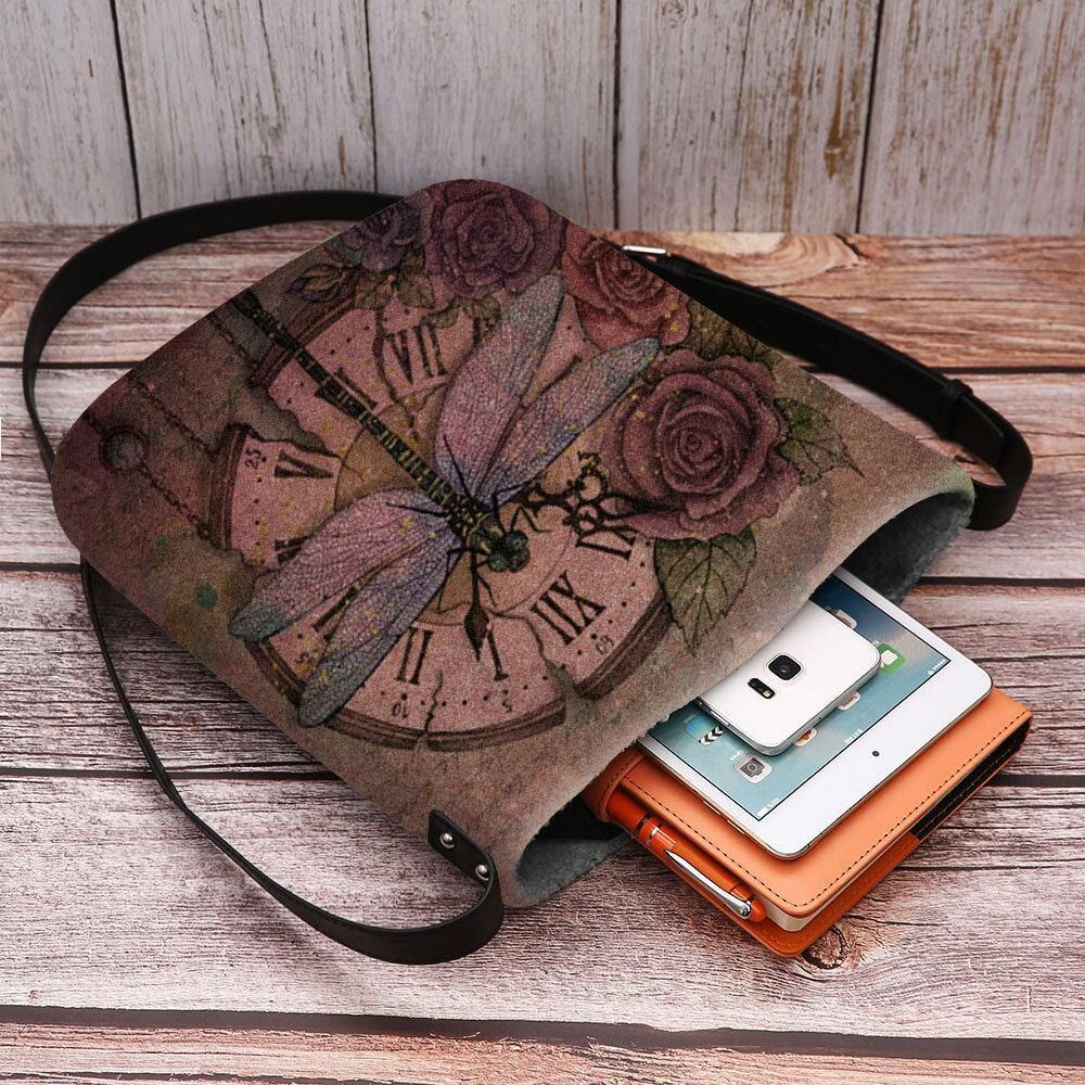 Vrouwen Voelde Casual Vintage 3D Dragonfly Bloem Afdrukken Patroon Crossbody Tas Schoudertas