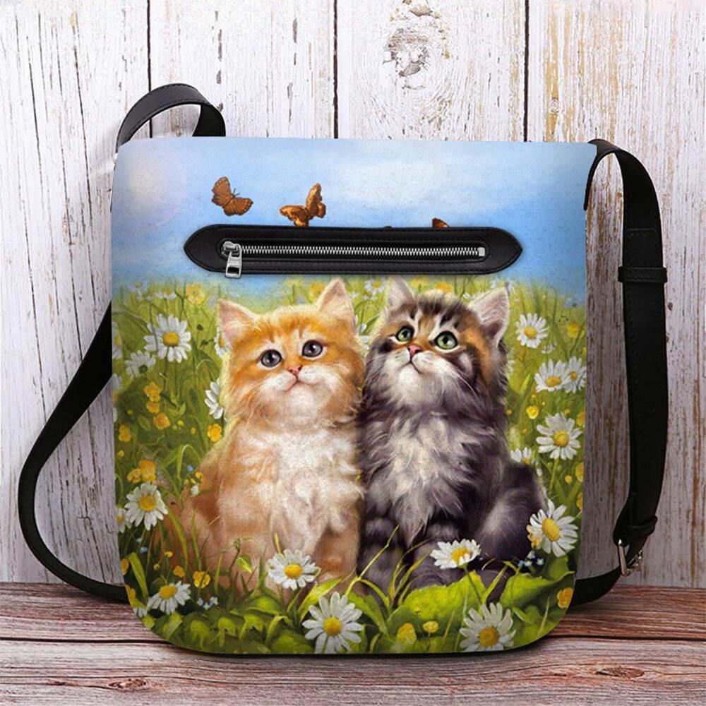 Vrouwen Voelde Country Style Cartoon Cats Print Persoonlijkheid Crossbody Tas Schoudertas