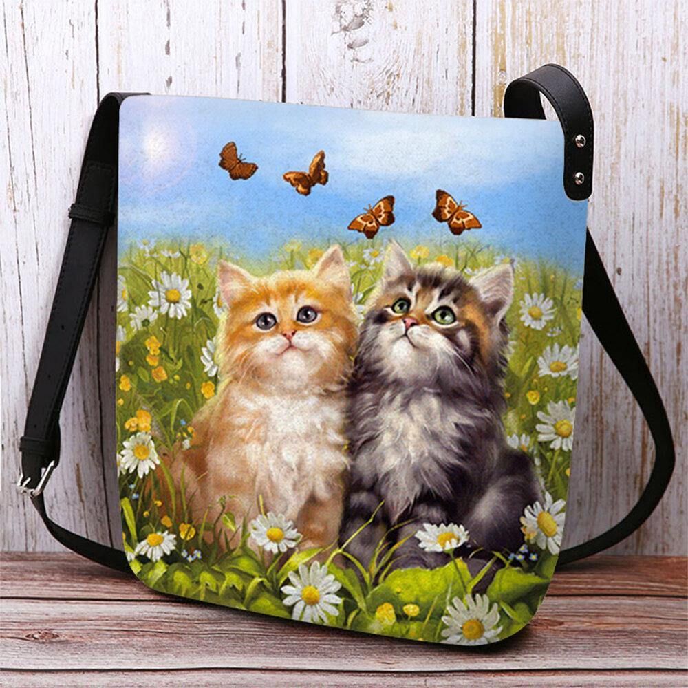 Vrouwen Voelde Country Style Cartoon Cats Print Persoonlijkheid Crossbody Tas Schoudertas