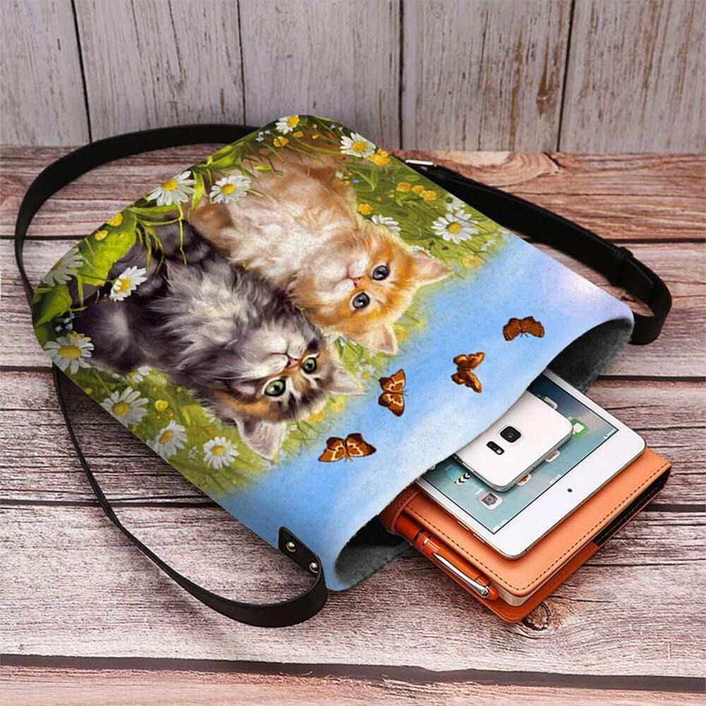 Vrouwen Voelde Country Style Cartoon Cats Print Persoonlijkheid Crossbody Tas Schoudertas