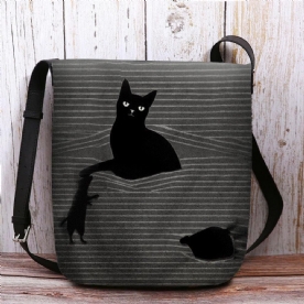 Vrouwen Voelde Leuke Casual Cartoon Zwarte Kat Gevangen Muis Strepen Patroon Crossbody Tas Schoudertas