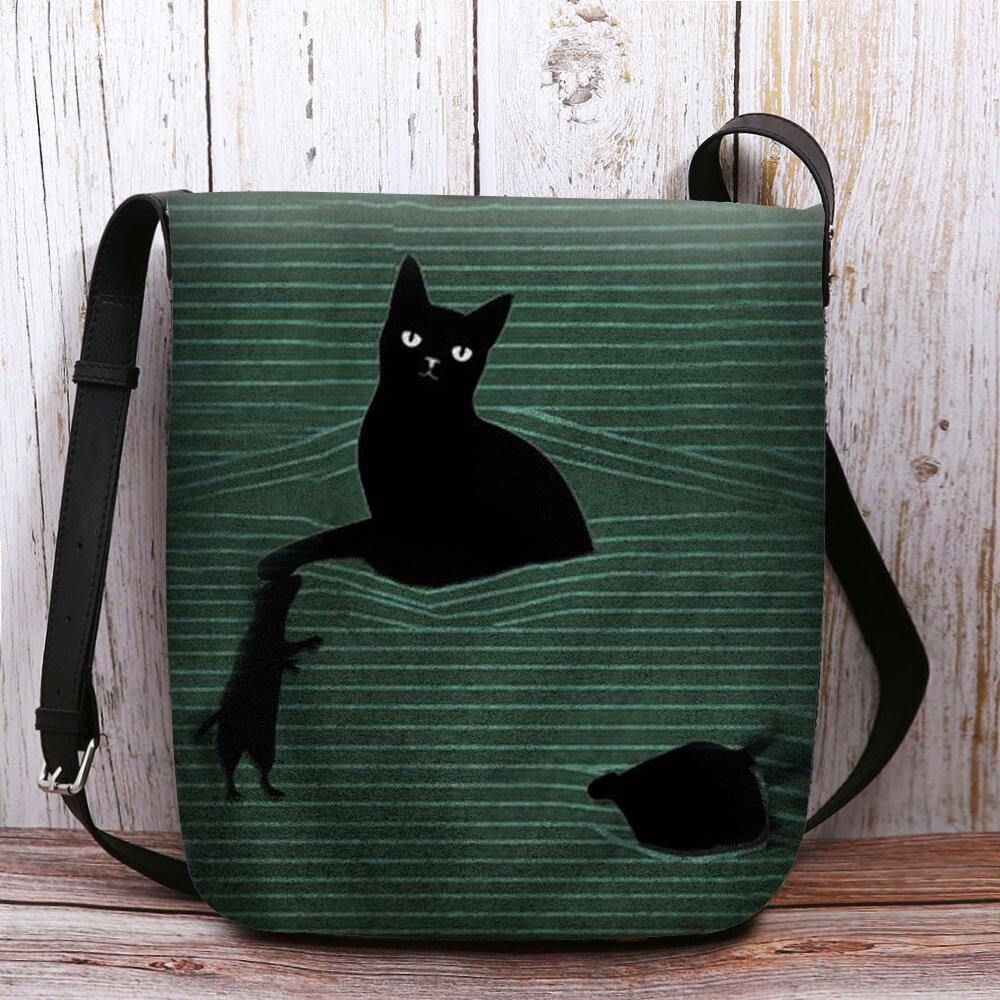 Vrouwen Voelde Leuke Casual Cartoon Zwarte Kat Gevangen Muis Strepen Patroon Crossbody Tas Schoudertas