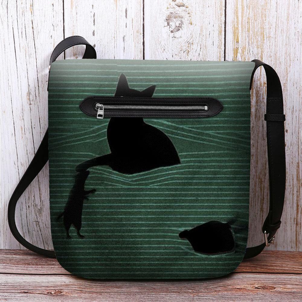 Vrouwen Voelde Leuke Casual Cartoon Zwarte Kat Gevangen Muis Strepen Patroon Crossbody Tas Schoudertas