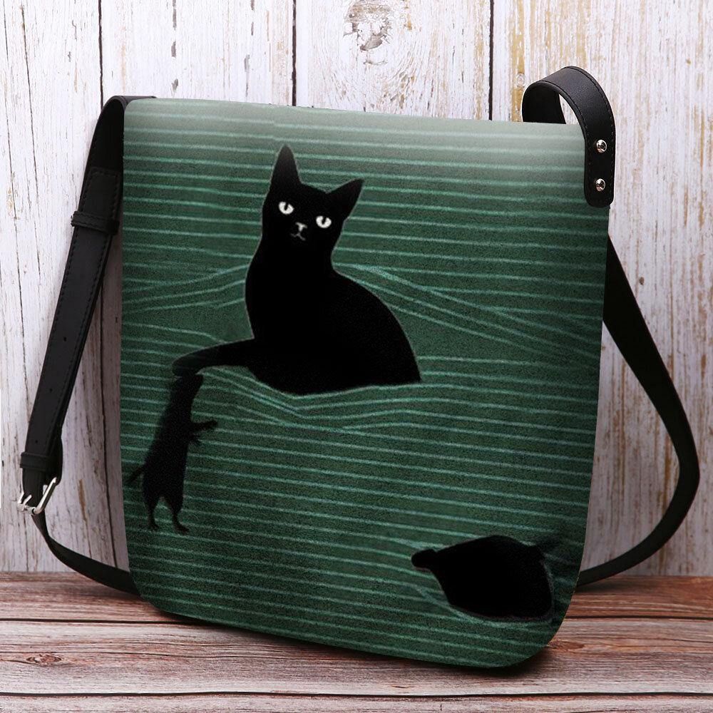 Vrouwen Voelde Leuke Casual Cartoon Zwarte Kat Gevangen Muis Strepen Patroon Crossbody Tas Schoudertas