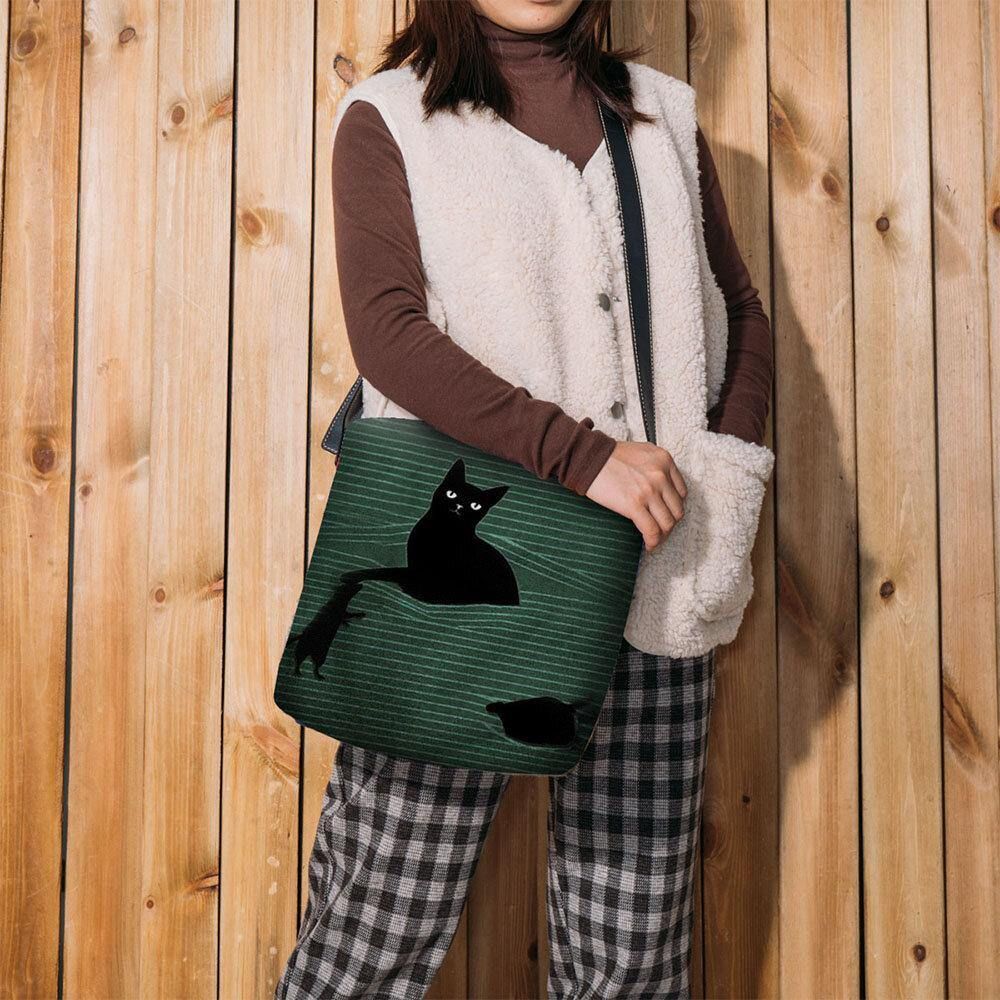 Vrouwen Voelde Leuke Casual Cartoon Zwarte Kat Gevangen Muis Strepen Patroon Crossbody Tas Schoudertas