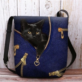 Vrouwen Voelden Casual Leuke 3D Cartoon Zwarte Kat Afdrukken Patroon Crossbody Tas Schoudertas