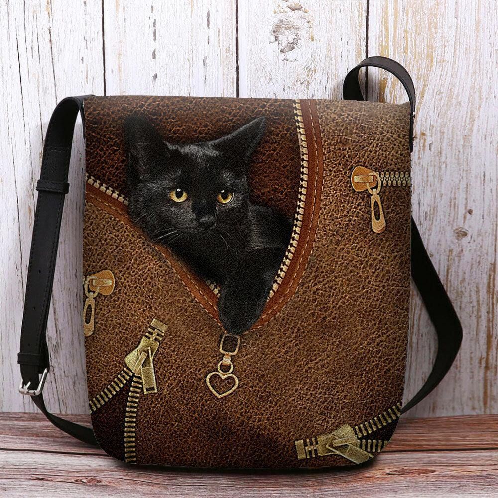 Vrouwen Voelden Casual Leuke 3D Cartoon Zwarte Kat Afdrukken Patroon Crossbody Tas Schoudertas