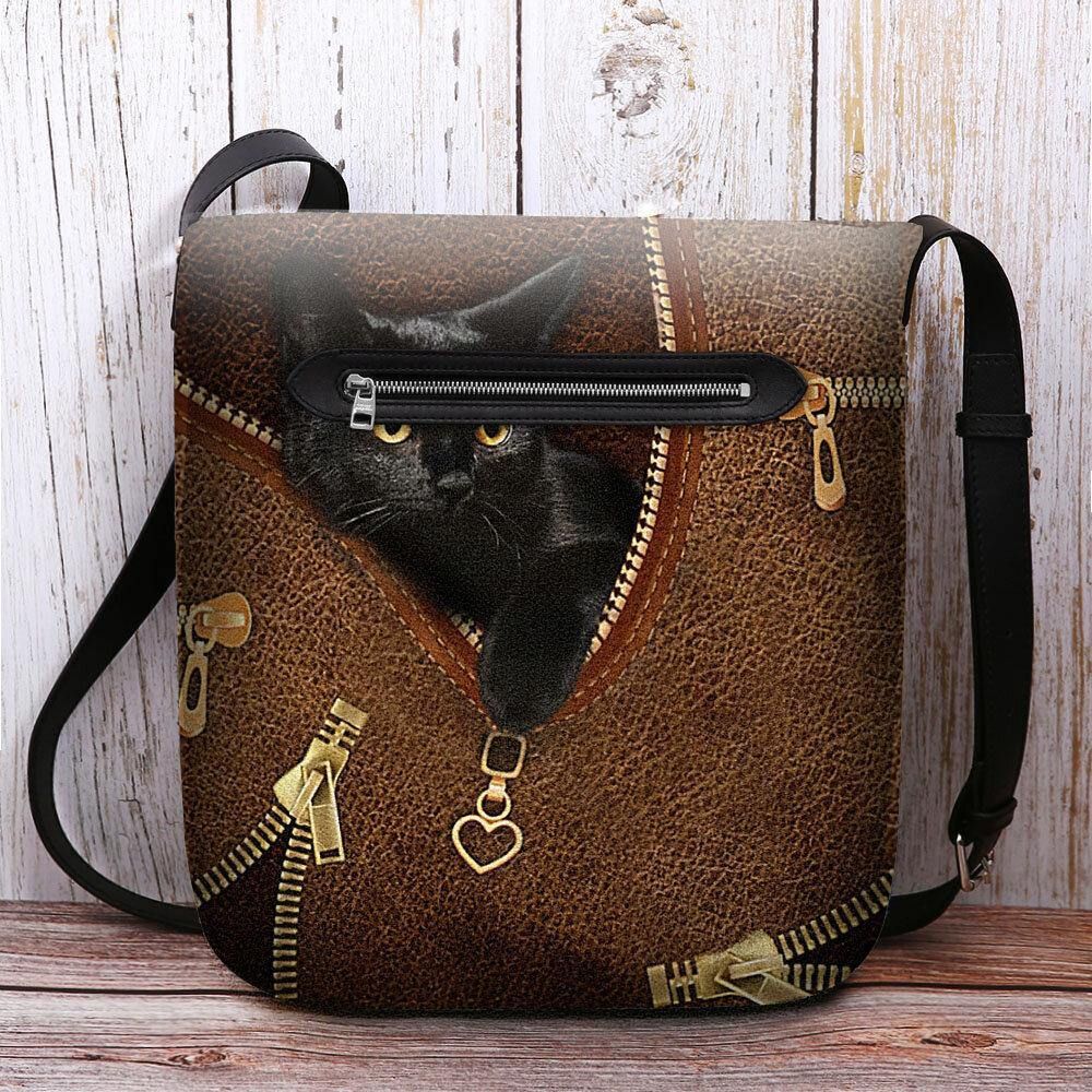 Vrouwen Voelden Casual Leuke 3D Cartoon Zwarte Kat Afdrukken Patroon Crossbody Tas Schoudertas