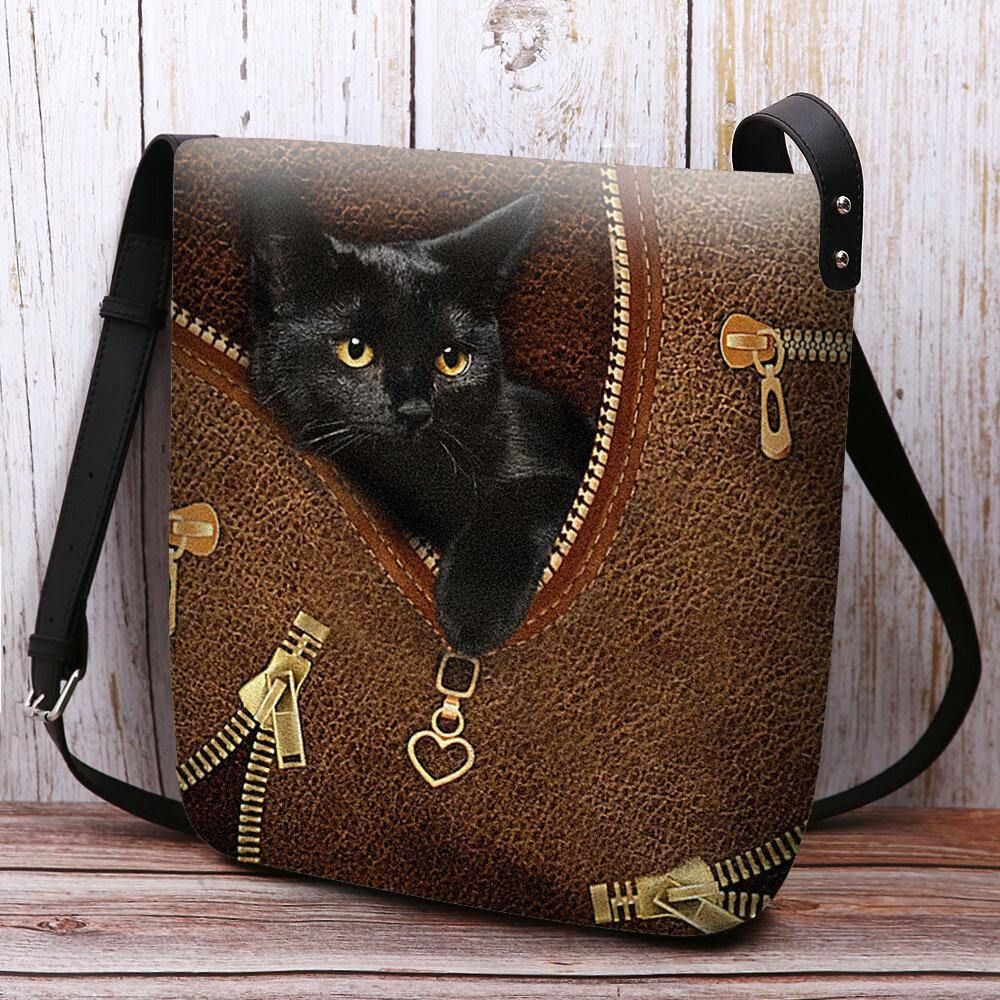 Vrouwen Voelden Casual Leuke 3D Cartoon Zwarte Kat Afdrukken Patroon Crossbody Tas Schoudertas