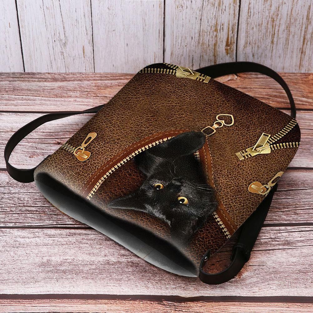 Vrouwen Voelden Casual Leuke 3D Cartoon Zwarte Kat Afdrukken Patroon Crossbody Tas Schoudertas