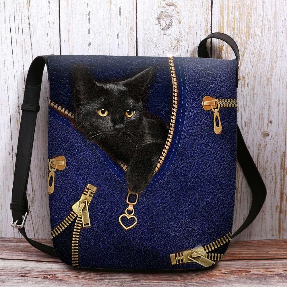 Vrouwen Voelden Casual Leuke 3D Cartoon Zwarte Kat Afdrukken Patroon Crossbody Tas Schoudertas