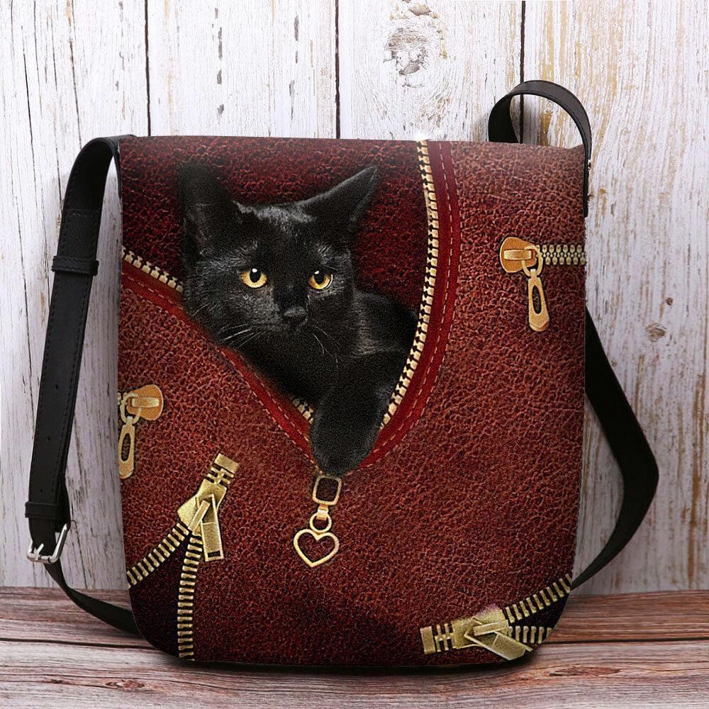 Vrouwen Voelden Casual Leuke 3D Cartoon Zwarte Kat Afdrukken Patroon Crossbody Tas Schoudertas