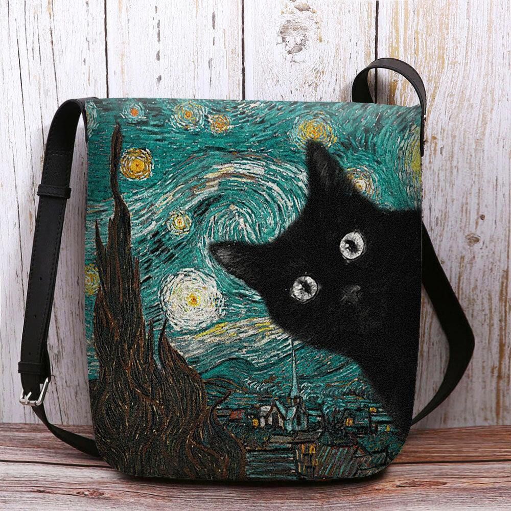 Vrouwen Voelden Leuke Casual Cartoon Kat Patroon Met Sterrennacht Galaxy Schilderijen Crossbody Tas Schoudertas