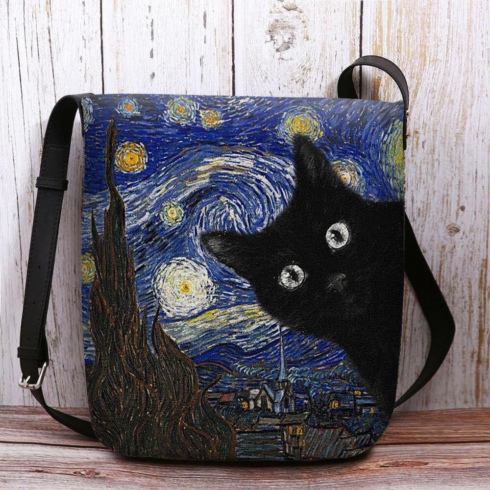 Vrouwen Voelden Leuke Casual Cartoon Kat Patroon Met Sterrennacht Galaxy Schilderijen Crossbody Tas Schoudertas