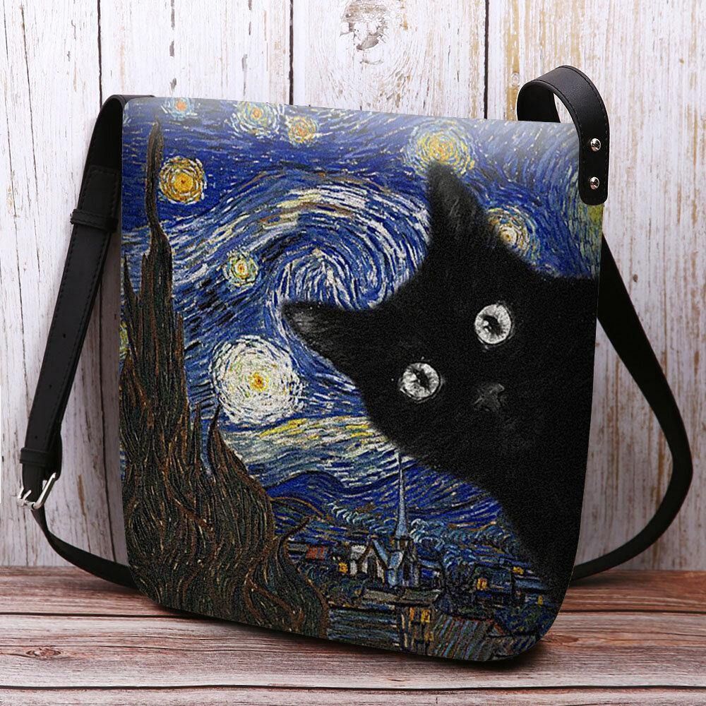 Vrouwen Voelden Leuke Casual Cartoon Kat Patroon Met Sterrennacht Galaxy Schilderijen Crossbody Tas Schoudertas