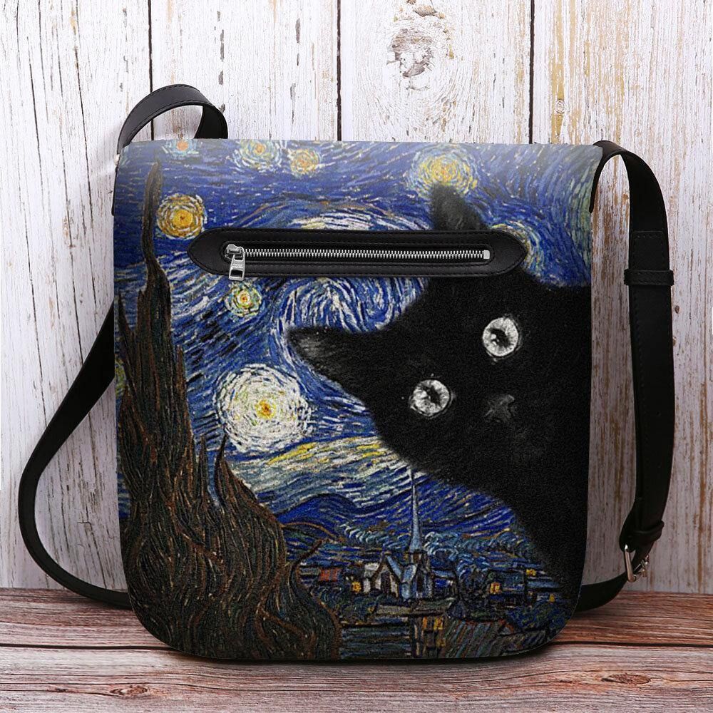 Vrouwen Voelden Leuke Casual Cartoon Kat Patroon Met Sterrennacht Galaxy Schilderijen Crossbody Tas Schoudertas