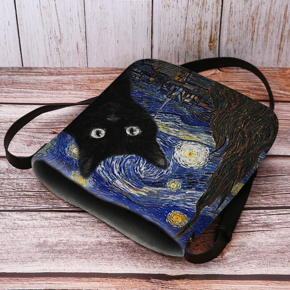 Vrouwen Voelden Leuke Casual Cartoon Kat Patroon Met Sterrennacht Galaxy Schilderijen Crossbody Tas Schoudertas