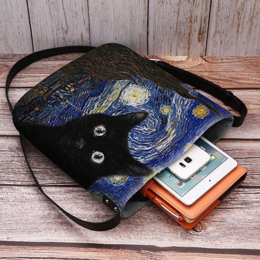 Vrouwen Voelden Leuke Casual Cartoon Kat Patroon Met Sterrennacht Galaxy Schilderijen Crossbody Tas Schoudertas