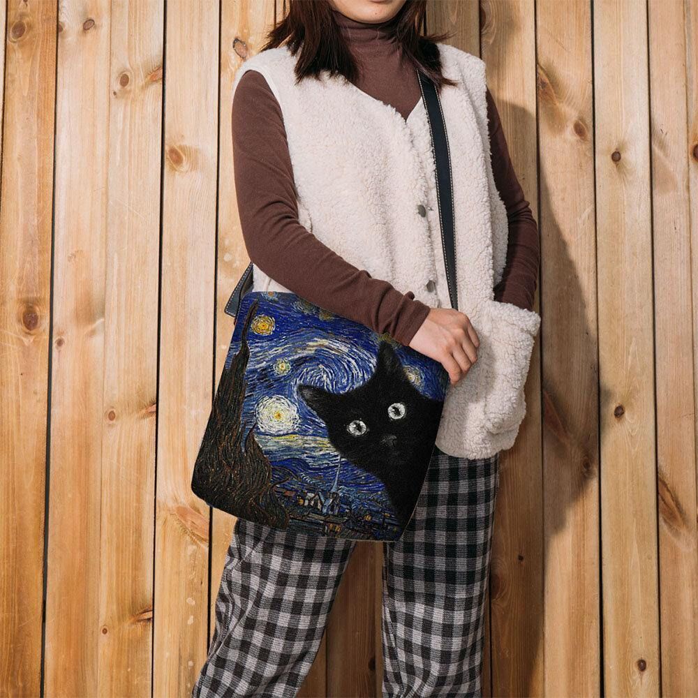 Vrouwen Voelden Leuke Casual Cartoon Kat Patroon Met Sterrennacht Galaxy Schilderijen Crossbody Tas Schoudertas