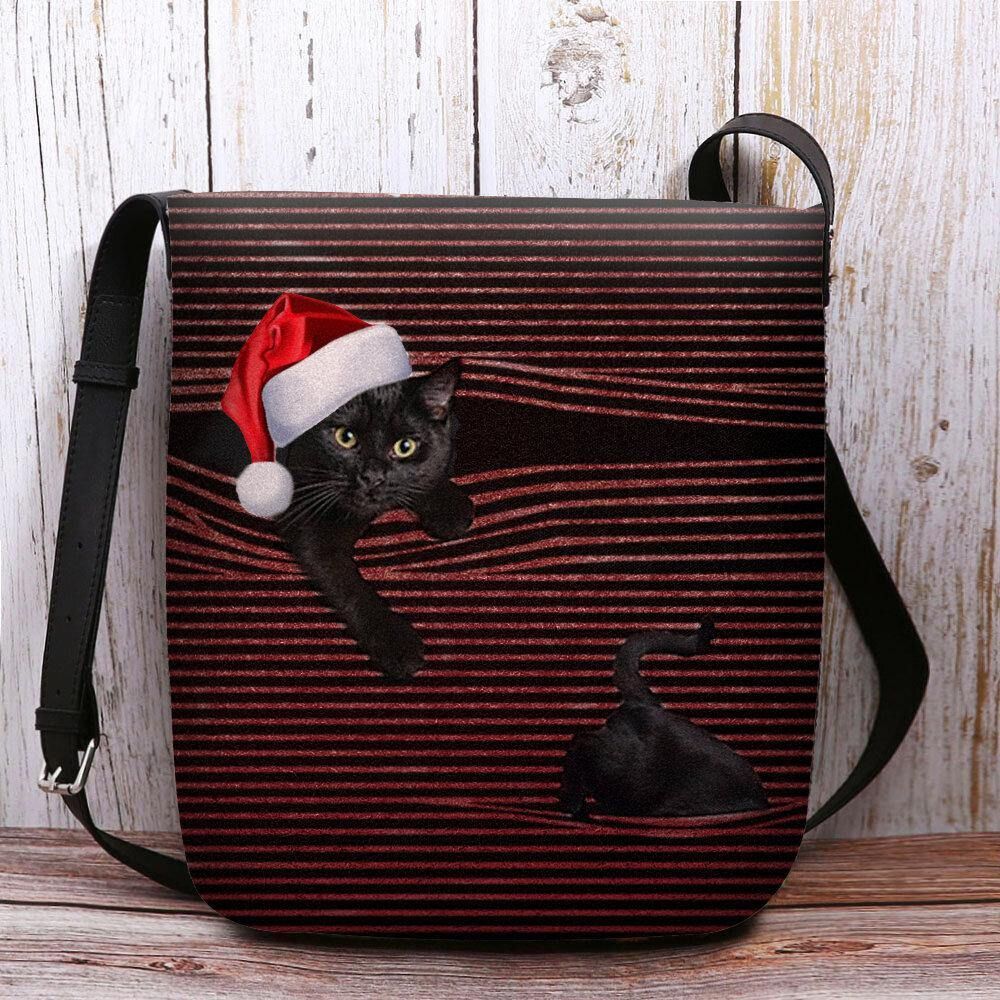 Vrouwen Voelden Leuke Casual Cartoon Kat Strepen Patroon Met Kerst Hoed Crossbody Tas Schoudertas