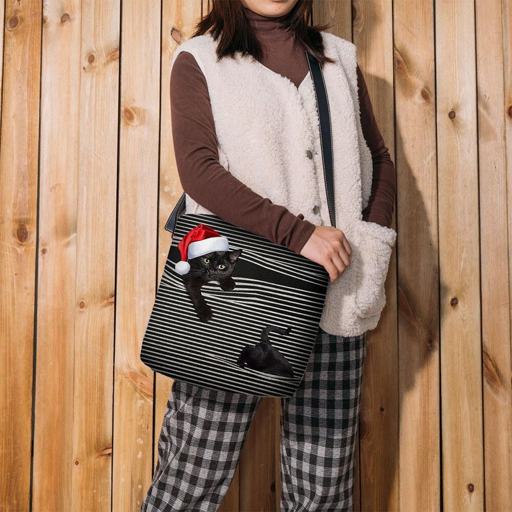 Vrouwen Voelden Leuke Casual Cartoon Kat Strepen Patroon Met Kerst Hoed Crossbody Tas Schoudertas