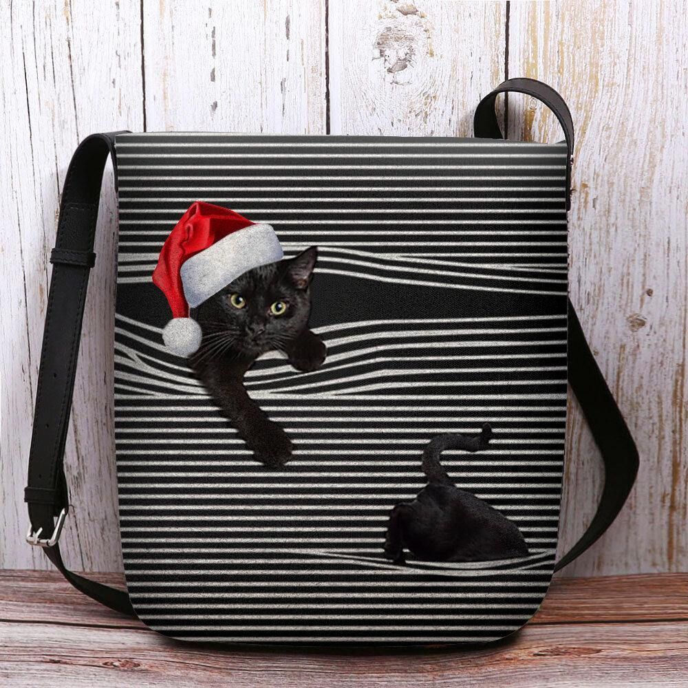 Vrouwen Voelden Leuke Casual Cartoon Kat Strepen Patroon Met Kerst Hoed Crossbody Tas Schoudertas