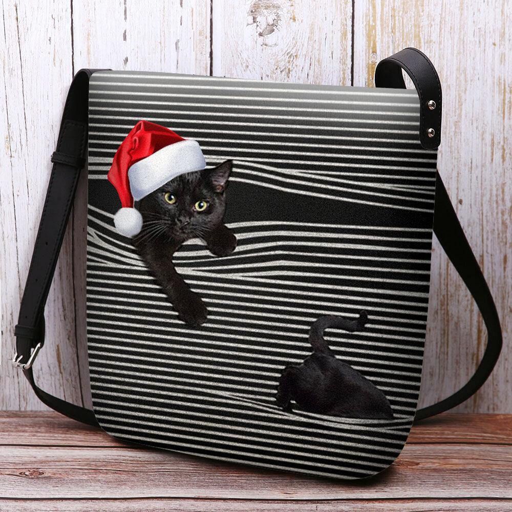 Vrouwen Voelden Leuke Casual Cartoon Kat Strepen Patroon Met Kerst Hoed Crossbody Tas Schoudertas