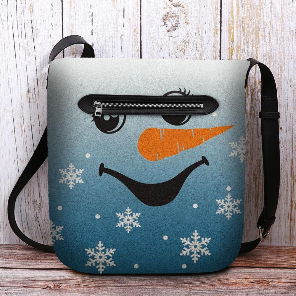 Vrouwen Voelden Leuke Feestelijke Kerst Glimlach Sneeuwpop Sneeuwvlokken Print Crossbody Tas Schoudertas