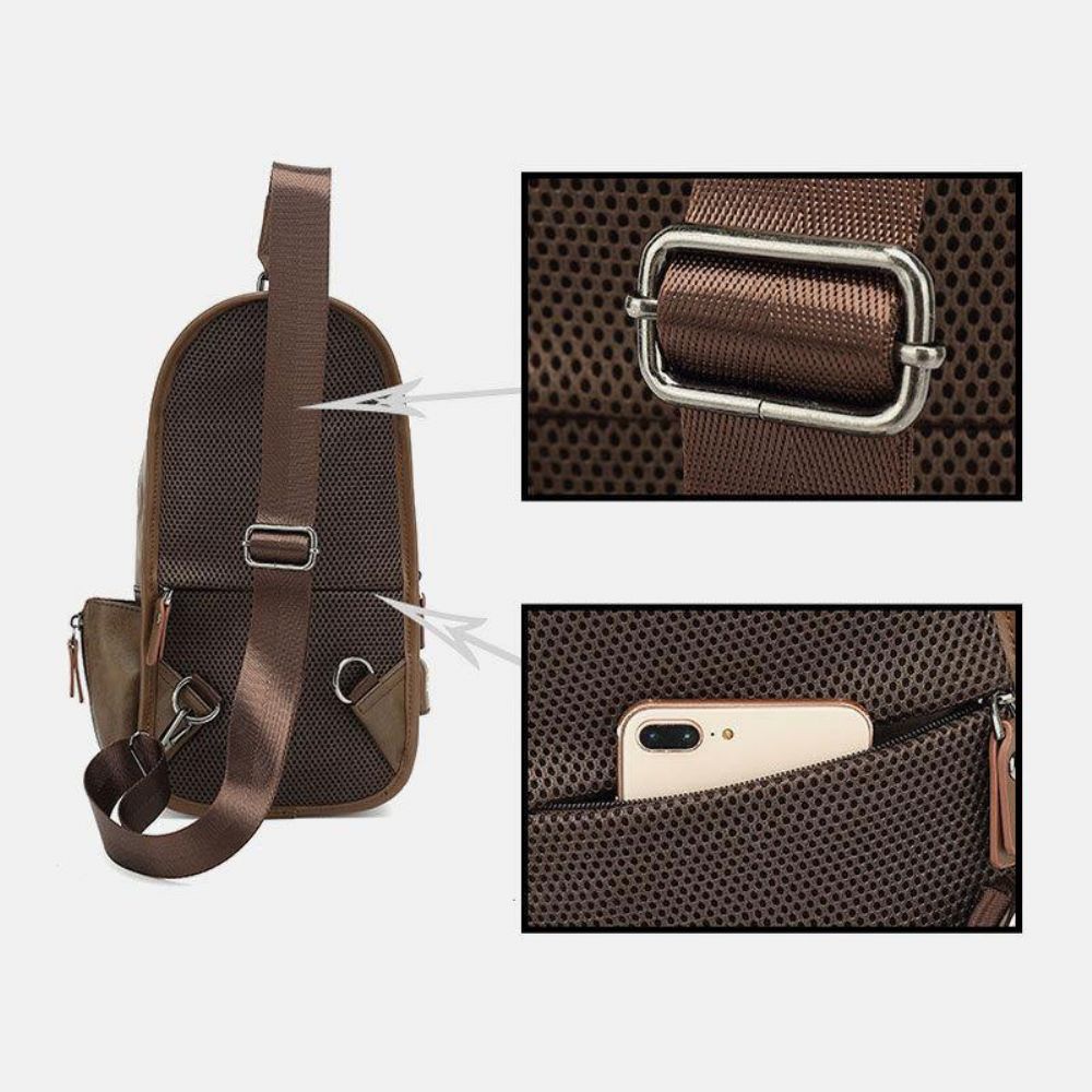 Heren Pu-Leer Vintage Multifunctionele Oortelefoongat Usb-Opladen Crossbody-Tas Borsttas Sling Bag