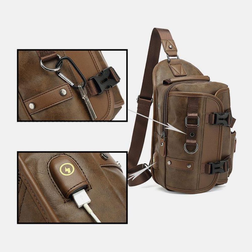 Heren Pu-Leer Vintage Multifunctionele Oortelefoongat Usb-Opladen Crossbody-Tas Borsttas Sling Bag