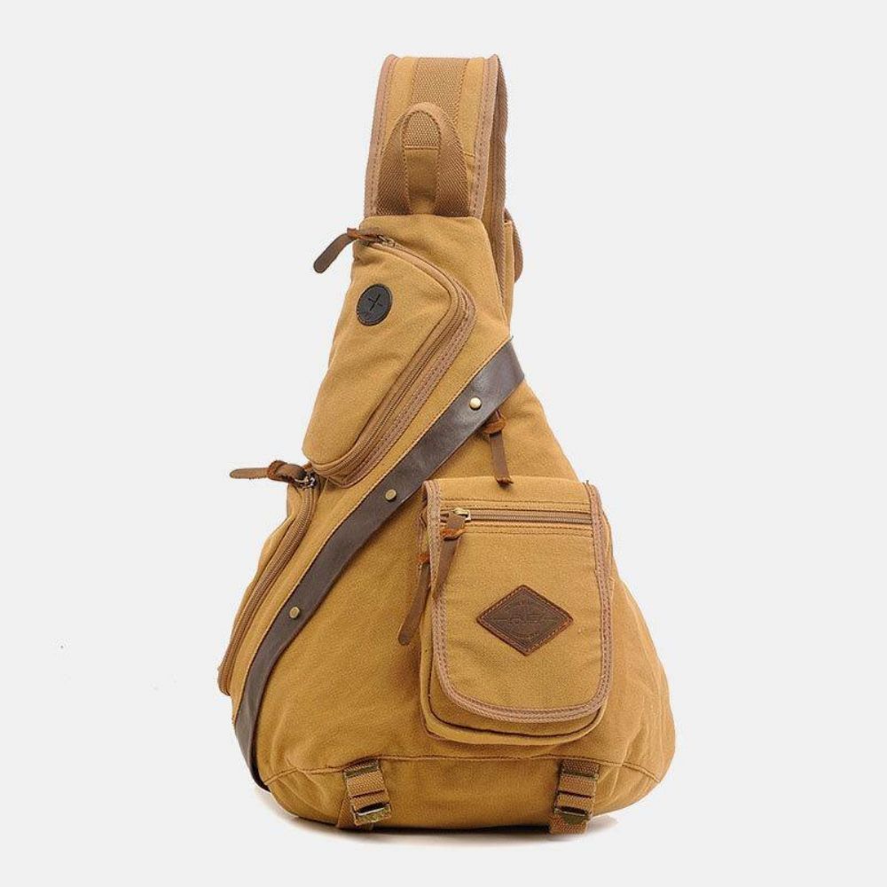 Mannen Echt Leer Canvas Reizen Outdoor Draagtas Multi-Pocket Crossbody Tas Borsttas