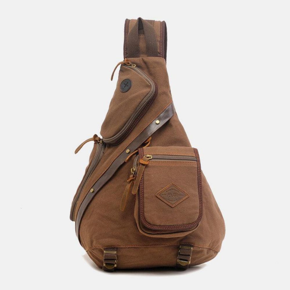 Mannen Echt Leer Canvas Reizen Outdoor Draagtas Multi-Pocket Crossbody Tas Borsttas