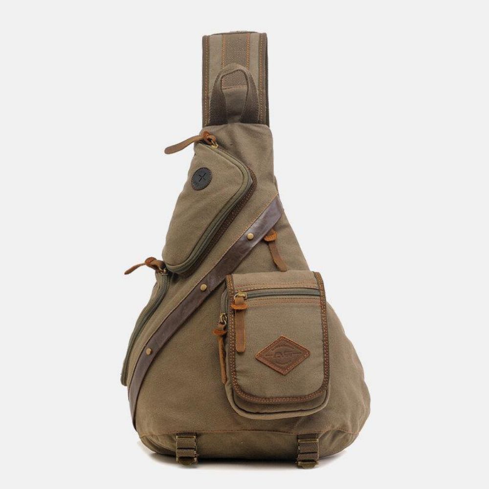 Mannen Echt Leer Canvas Reizen Outdoor Draagtas Multi-Pocket Crossbody Tas Borsttas