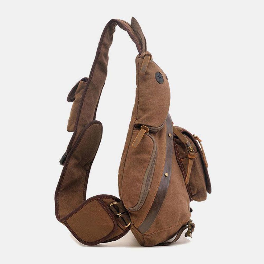 Mannen Echt Leer Canvas Reizen Outdoor Draagtas Multi-Pocket Crossbody Tas Borsttas