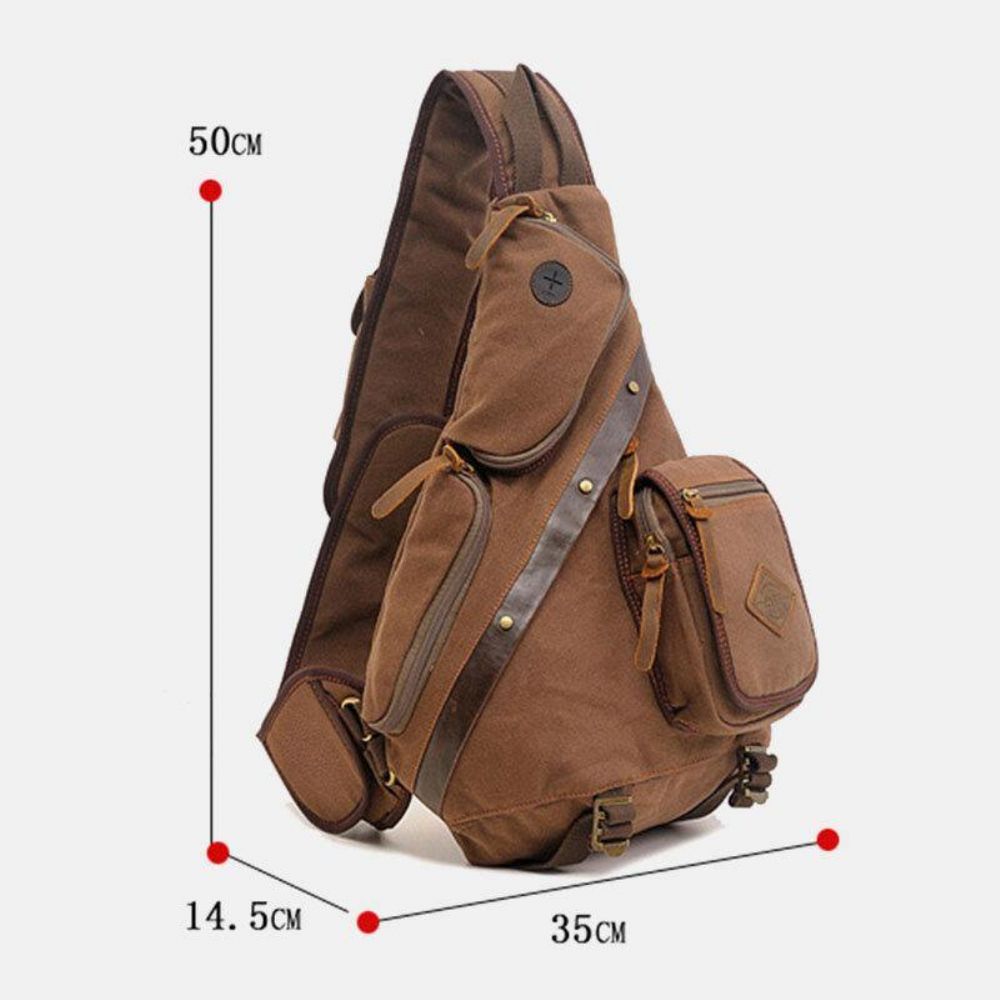 Mannen Echt Leer Canvas Reizen Outdoor Draagtas Multi-Pocket Crossbody Tas Borsttas