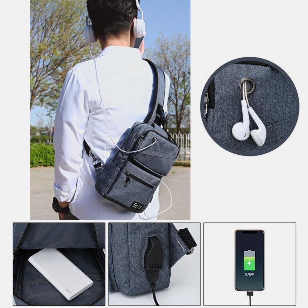 Mannen Grote Capaciteit Usb Oplaadbare Gat Hoofdtelefoon Gat Waterdichte Borst Tassen Schoudertas Crossbody Tassen