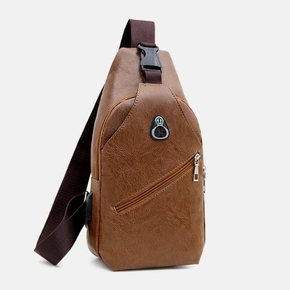 Mannen Kunstleer Usb Opladen Oortelefoon Reizen Retro Zakelijke Borsttas Crossbody Tas