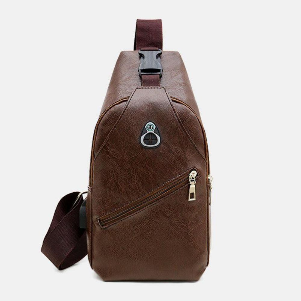 Mannen Kunstleer Usb Opladen Oortelefoon Reizen Retro Zakelijke Borsttas Crossbody Tas